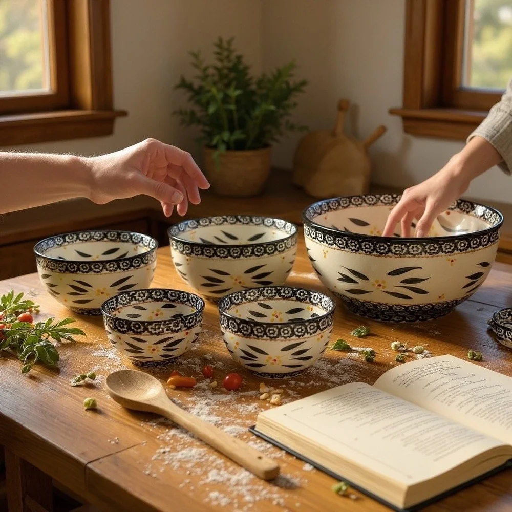 Temp-tations Old World Mixing Bowls Set of 5 Cream Black Floral Ceramic Nesting